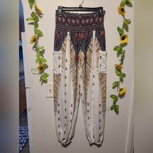 Nwot Women's Medium Boho Pants Harem Smocked Waist Yoga Hippie Palazzo Summer